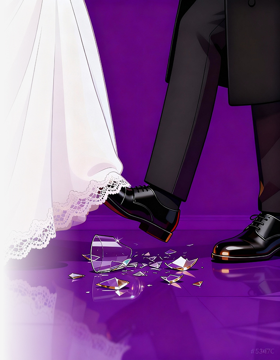 A groom breaking the glass beside the bride's gown at a Jewish wedding