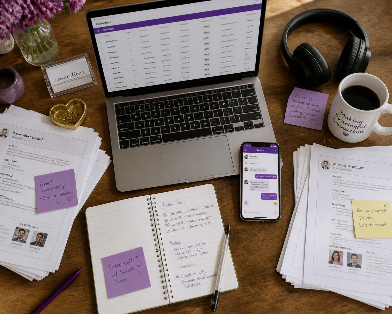 A matchmaker's desk covered in paper resumes, sticky notes, a laptop and a phone